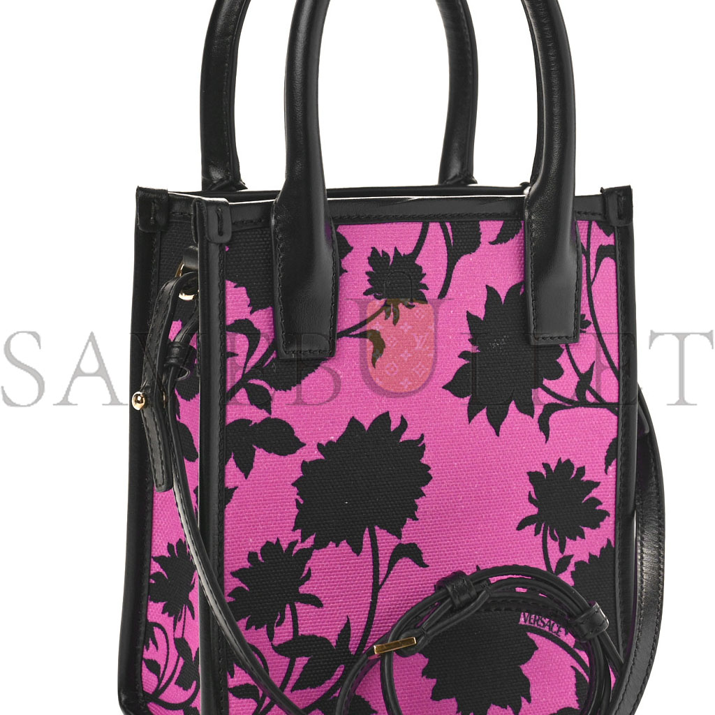 VERSACE CALFSKIN COTTON FLORAL PRINTED LA MEDUSA MINI BOOK TOTE BLACK WATER LILY (19*17*9cm)