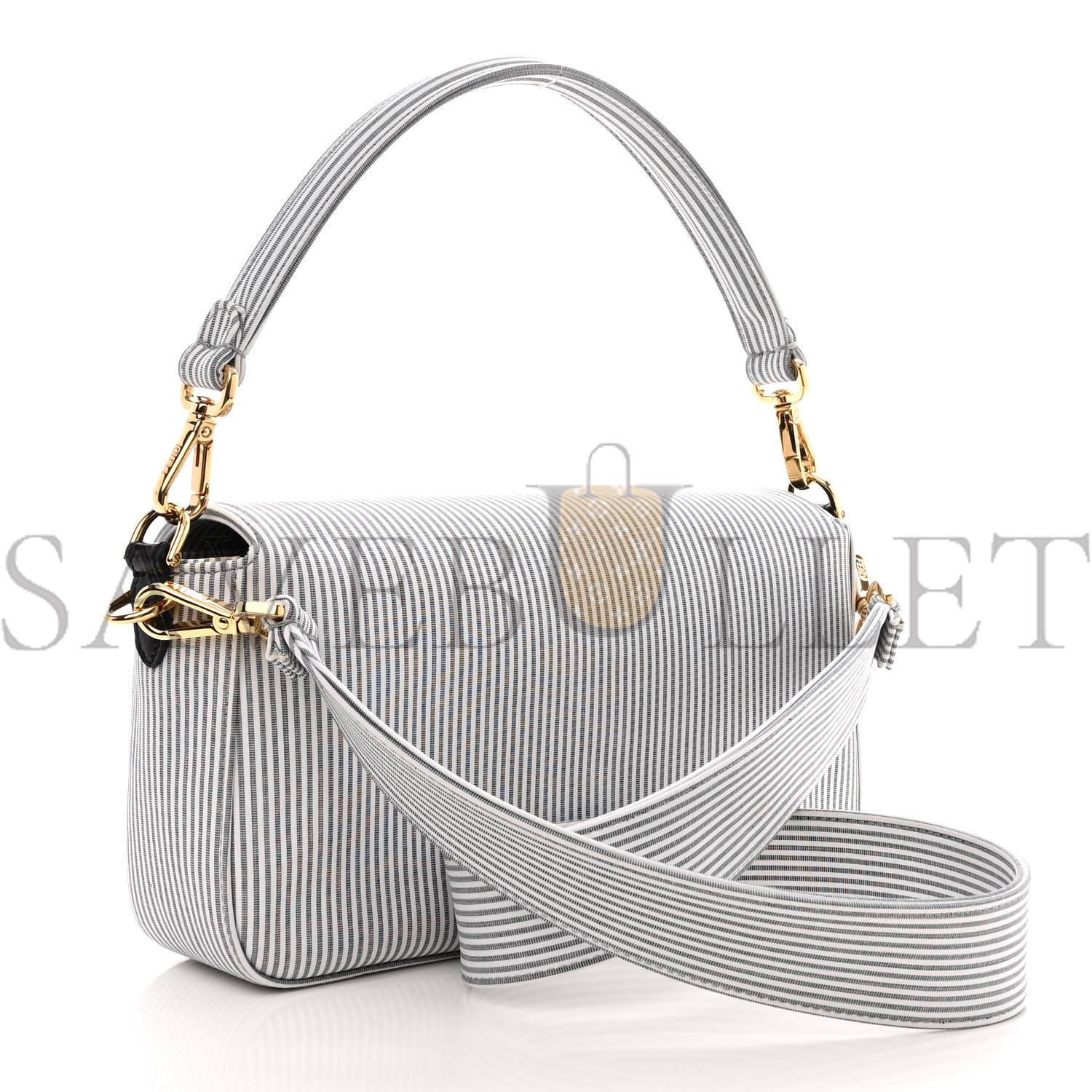 FENDI COTTON CUOIO BRETAGNA STRIPED BAGUETTE GRIGIO WHITE BLACK (27*15*6cm)