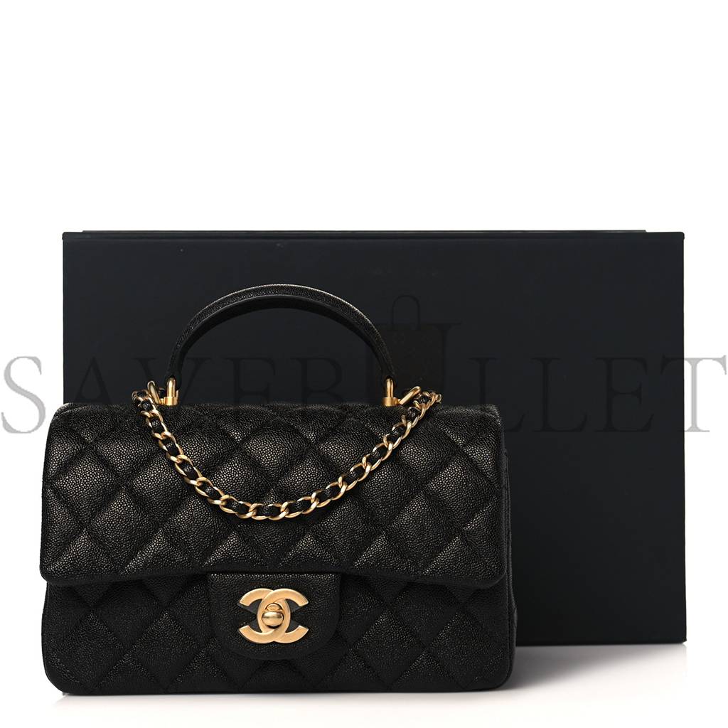 CHANEL CAVIAR QUILTED MINI TOP HANDLE RECTANGULAR FLAP BLACK GOLD HARDWARE (20*13*6cm)