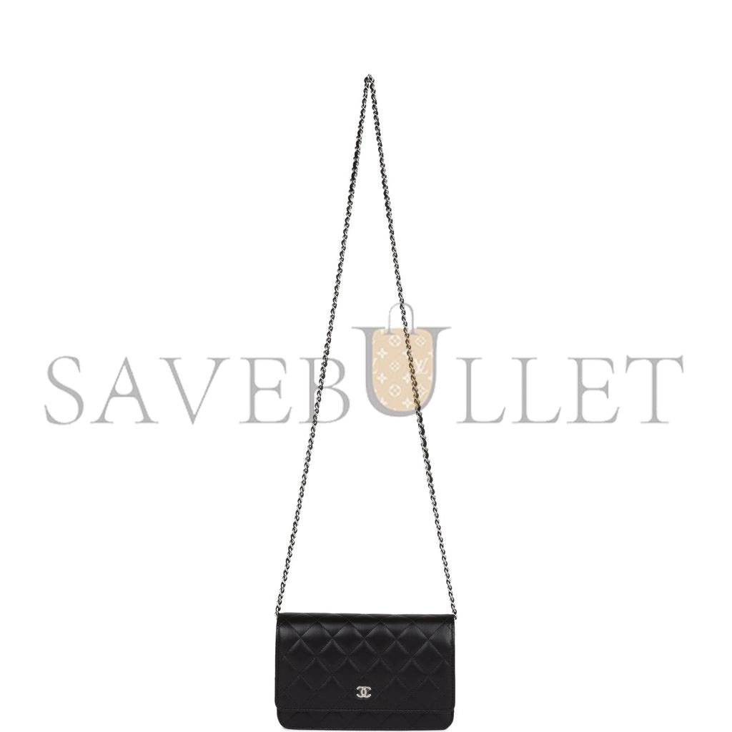 CHANEL WALLET ON CHAIN WOC BLACK LAMBSKIN SILVER HARDWARE (19*12*4cm)