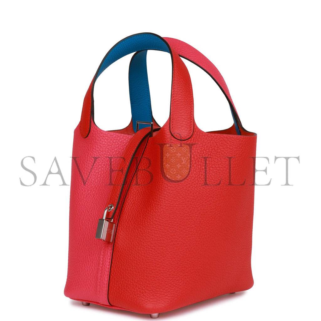 HERMES PICOTIN LOCK 18 CASAQUE ROUGE DE COEUR, ROSE EXTREME AND BLEU ZANZIBAR CLEMENCE PALLADIUM HARDWARE (18*13*18cm)