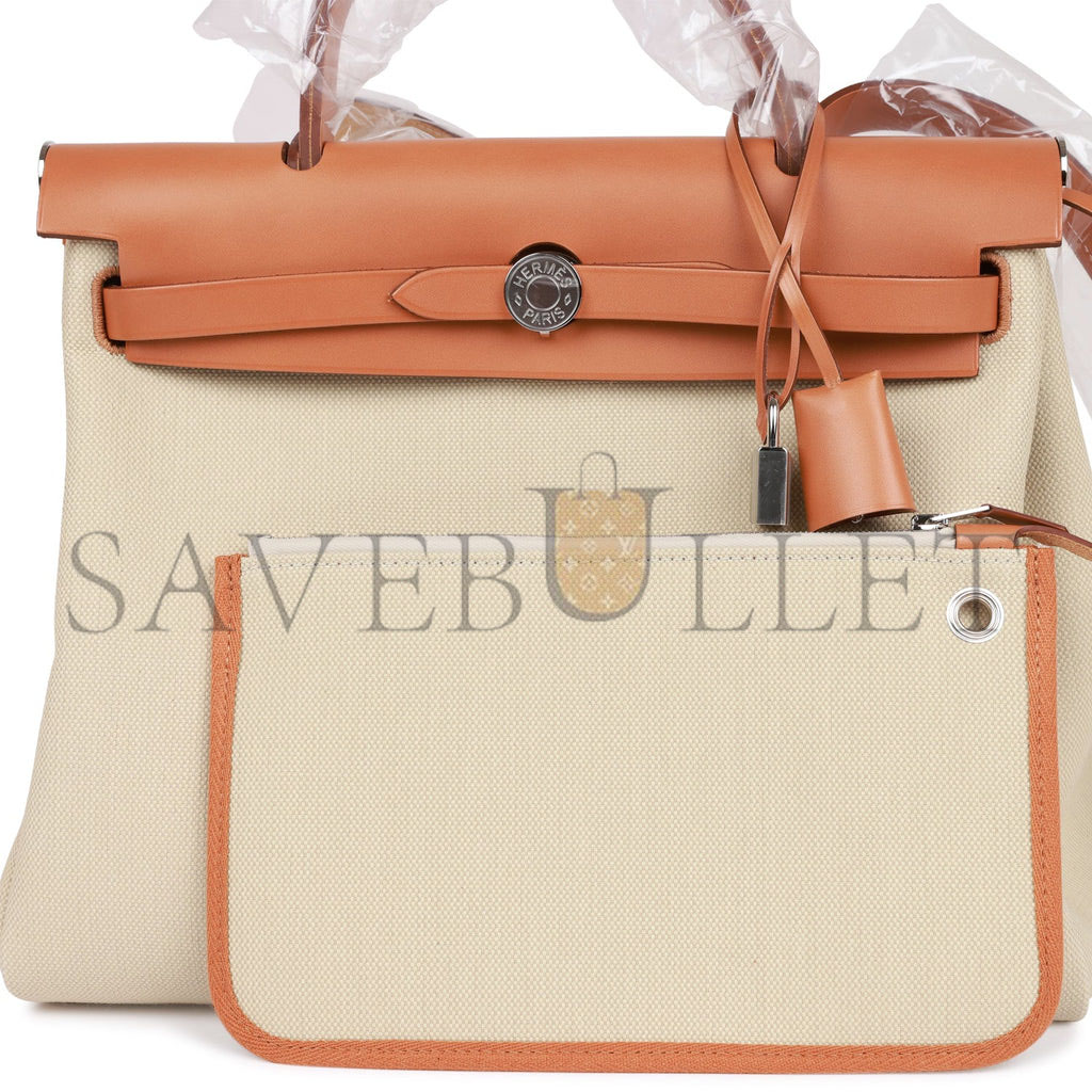 HERMES HERBAG ZIP PM 31 BETON TOILE H BERLINE VACHE NATUREL HUNTER PALLADIUM HARDWARE(30*27*11cm)