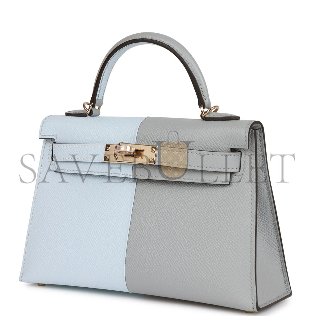 HERMES SPECIAL ORDER (HSS) KELLY MINI SELLIER 20 CASAQUE BLEU BRUME AND GRIS MEYER EPSOM PERMABRASS HARDWARE (19*12*5.5cm)