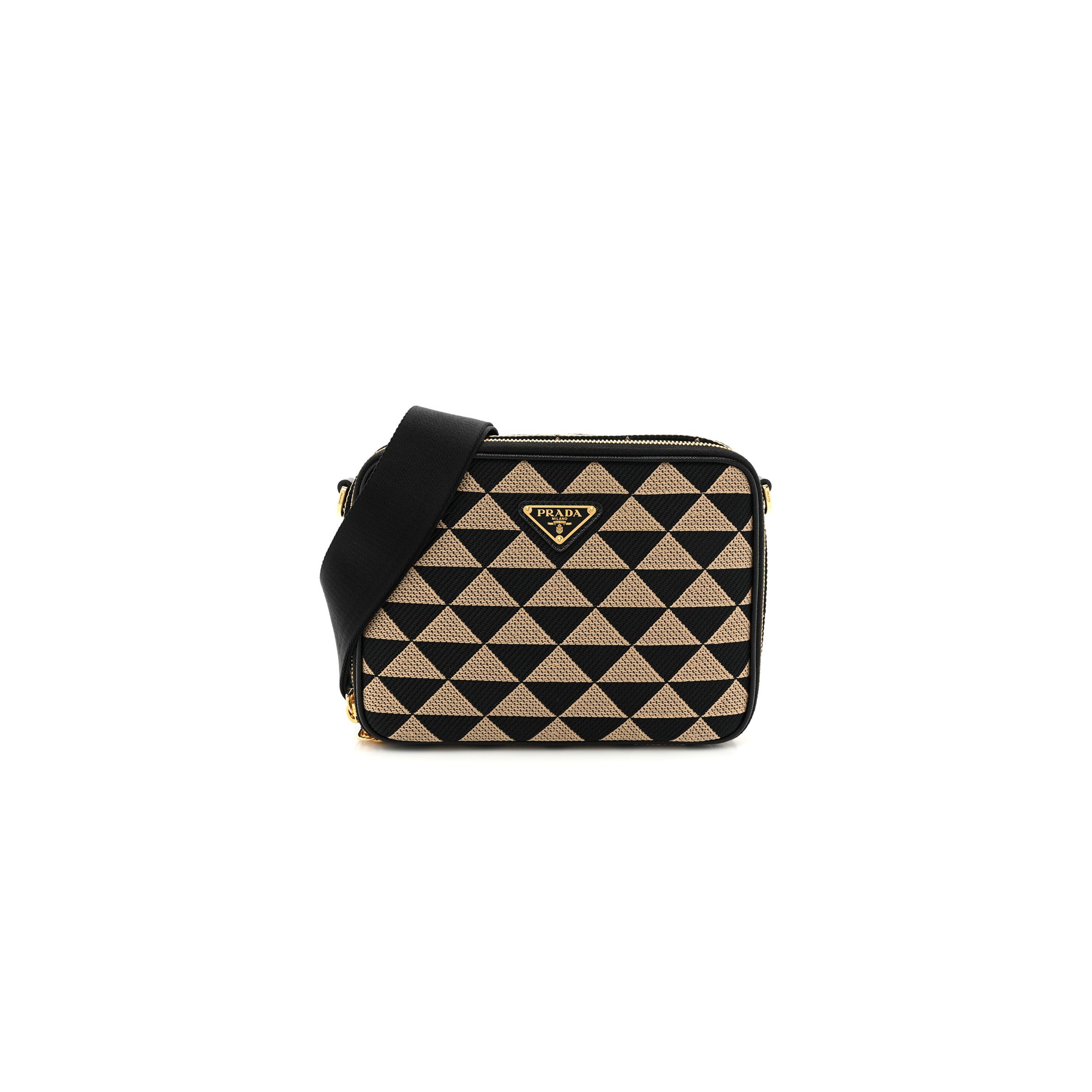 PRADA JACQUARD SAFFIANO TRIANGOLO SYMBOLE EMBROIDERED SMALL SHOULDER BAG BLACK CORDA (23*17*7cm)