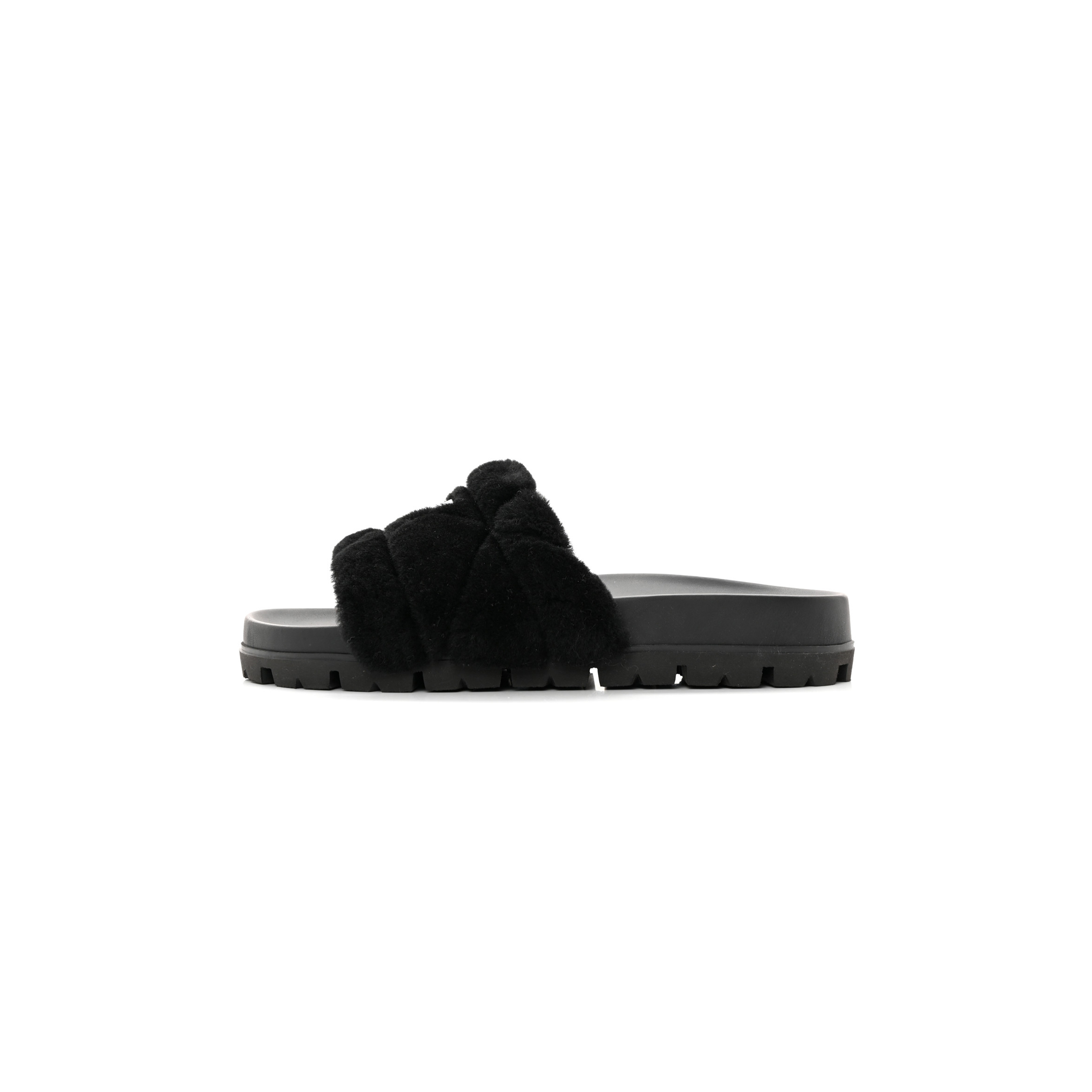 PRADA SHEARLING METAL TRIANGLE LOGO LUG SOLE 20MM SLIDE SANDALS 41 BLACK