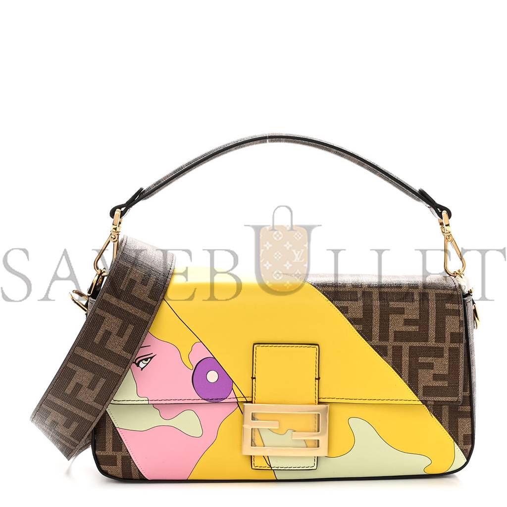 FENDI GLAZED FABRIC FF 1974 HAIRDO GIRLS INLAY BAGUETTE MOGANO PANNA MULTICOLOR (27*15*6cm)